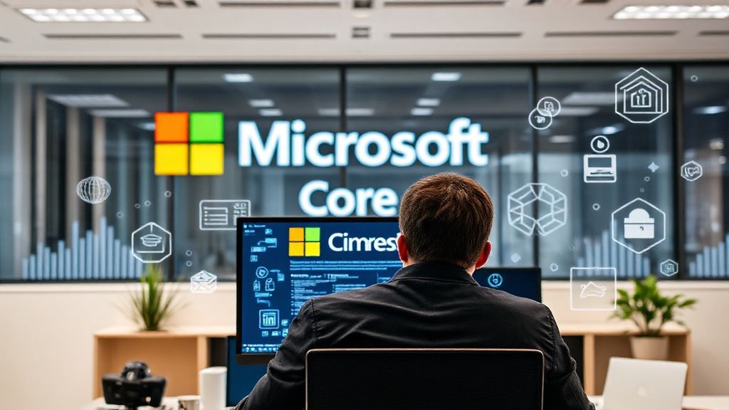 In a modern office setting, a professional is using LinkedIn, surrounded by elements representing AI and data analytics. A large window in the background prominently displays the Microsoft logo and the word "CoreAI", symbolizing the integration of AI in customer acquisition.