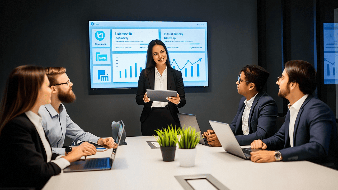 In a meeting room, a sales manager is presenting to the team how AI tools can be used for efficient customer acquisition on LinkedIn